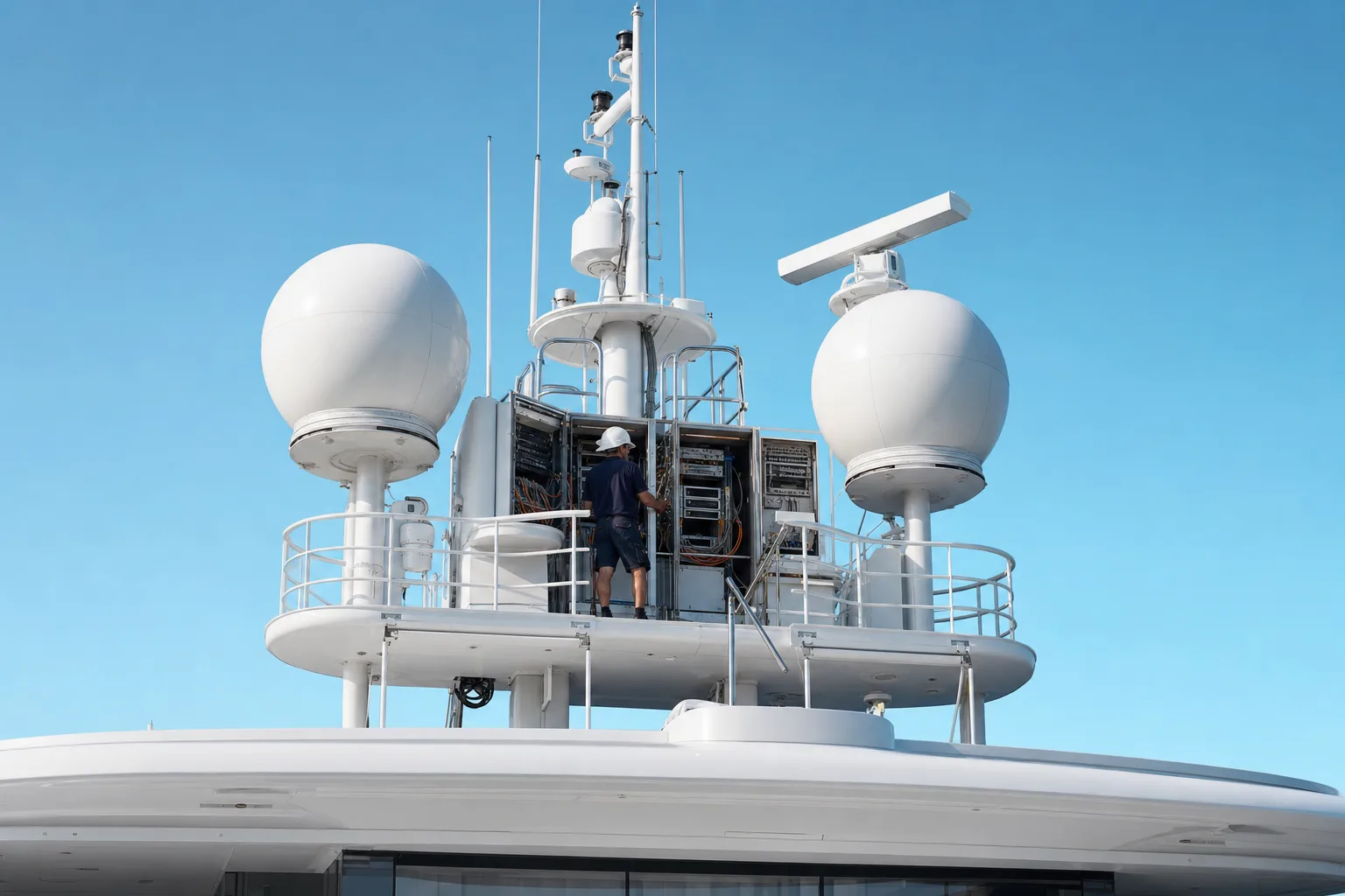 White satellite radomes mounted on the mast of a large yacht against a clear sky