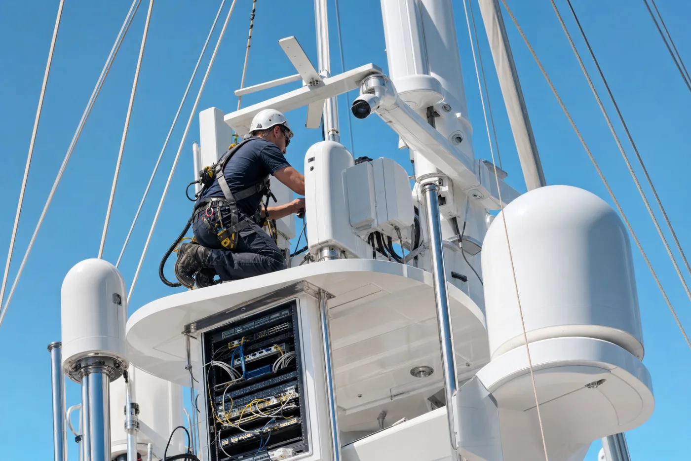 An engineer working on an antenna platform high on a yacht mast